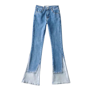 欧美风辣妹性感高腰包臀显瘦弹力微喇牛仔裤女复古拼接撞色拖地裤