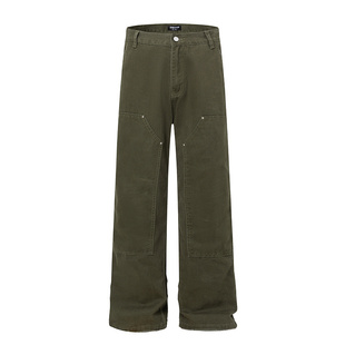 黑熊美式“苔藓绿”伐木裤复古高街vibe工装裤直筒修身牛仔裤0055