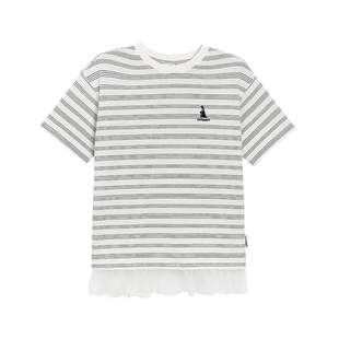 livheartkids 女大童条纹短袖T恤2025夏季清仓女童网纱拼接上衣夏
