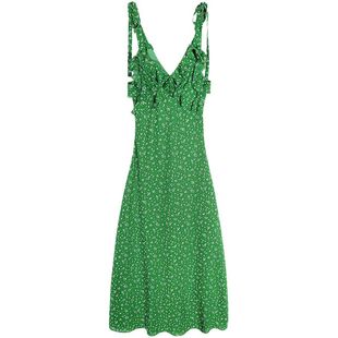 落落狷介 2025初夏穿搭绿色小个子荷叶边收腰吊带裙设计感长裙女