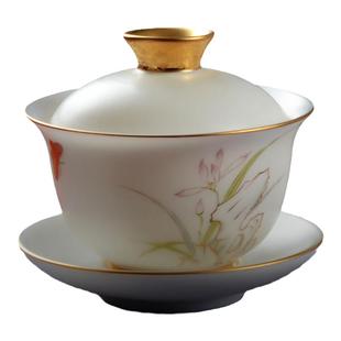 羊脂玉瓷盖碗手绘陶瓷功夫茶套装中国白瓷家用品茗杯主人杯公道杯