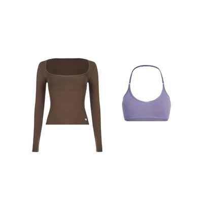 辣妹撞色叠穿三角杯长袖T两件套