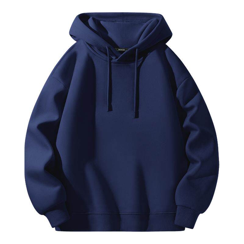 名创优品连帽卫衣男秋冬季藏青美式加绒青少年蓝色大码重磅外套Y
