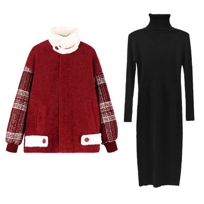 孕妇冬装套装时尚羊羔绒外套秋冬新年高领毛衣连衣裙中长款两件套