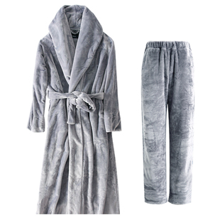 长款法兰绒秋冬加长睡衣睡裤套装情侣男女加厚加绒家居睡袍两件套