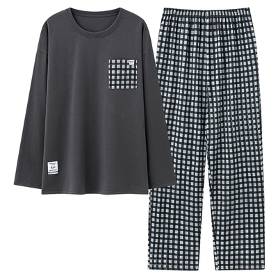 2026新款睡衣男款春秋季100%纯棉长袖套头宽松男士格子套装家居服