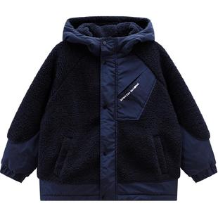 左西童装男童羊羔绒外套连帽加绒 儿童秋冬装2025新款氧气韩版潮