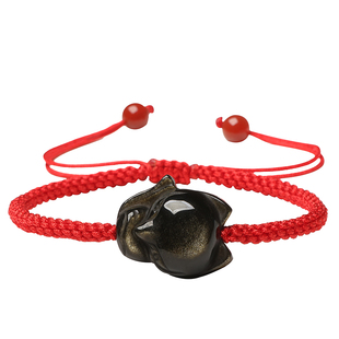 天然黑曜石狐狸手链男女情侣红绳手绳手工编织金曜石刻字定制礼物