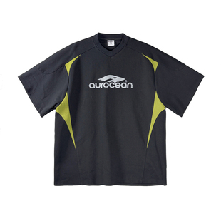 Aurocean 古着运动少年感T恤 撞色拼接宽松大版短袖t