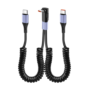 适用66W超级快充弹簧数据线弯头一拖二适用苹果17华为mate70荣耀车载弹力充电线typec摩托车伸缩收纳线二合一