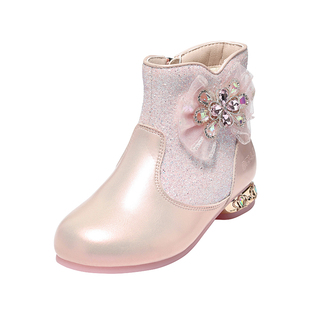 百丽童鞋女童公主靴加绒保暖短靴子冬季新款小女孩水晶靴儿童皮靴