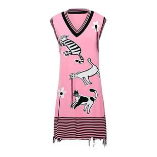 tanni甜美俏皮减龄中长款无袖提花针织V领连衣裙TN11KN202A