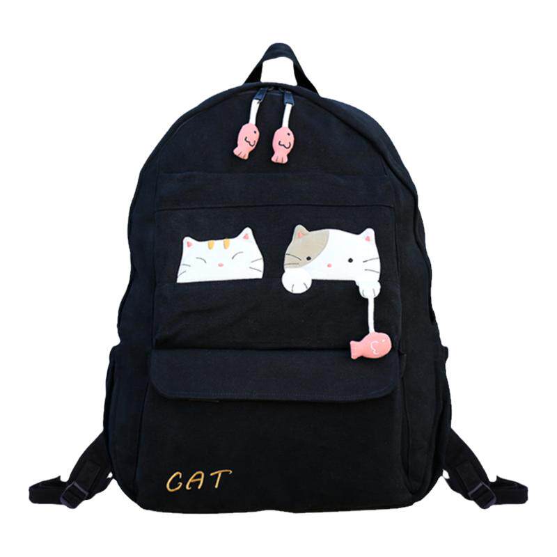 kine猫可爱钓鱼猫纯棉帆布学生书包简约旅行双肩背包日韩女休闲