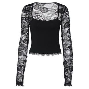 gusty纯欲辣妹性感蕾丝收腰上衣2025秋季轻熟御姐百搭纯色长袖T恤