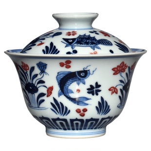 手绘景德镇纯手工青花釉里红鱼藻纹盖碗茶具三件套组一人茶具套装