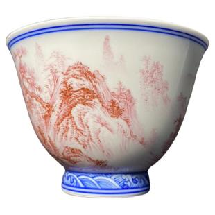 景德镇陶瓷王钢手绘釉上宝石红山水主人杯品茗杯茶杯包邮 100ml