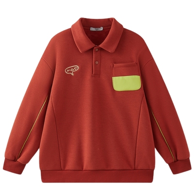 MQD童装男童加绒卫衣2025冬季新款儿童polo领红色休闲上衣内搭潮