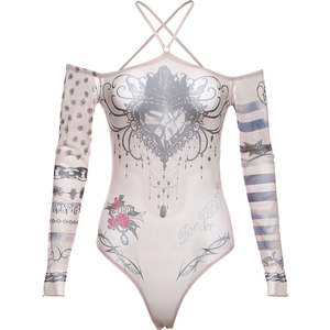 KLIOU 亚文化个性印花挂脖露肩长袖T恤女显瘦修身打底百搭连体衣