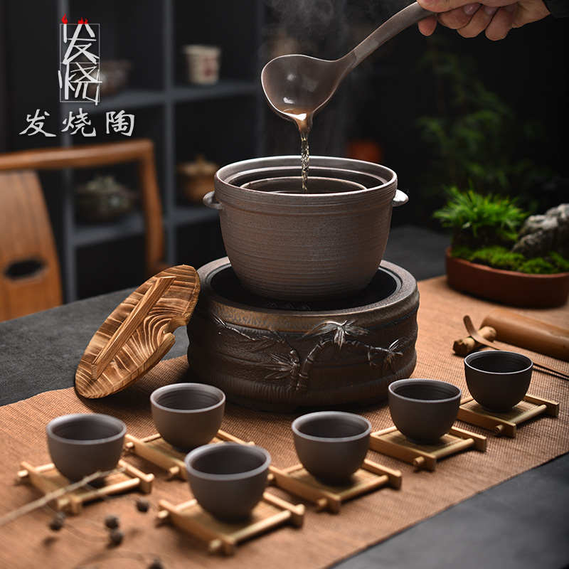 电陶炉围炉煮茶器粗陶碗勺带盖过滤温茶套装泡茶分茶勺古法煮茶碗
