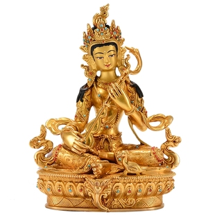 藏村释迦族《妙音天女》尼泊尔手工全鎏金雕花室内家用桌面摆件