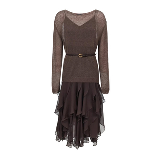 春季真两件长裙套装立体花边吊带连衣裙+圆领长袖针织衫优雅显瘦