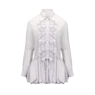 花苞下摆荷叶边法式门襟条纹衬衫