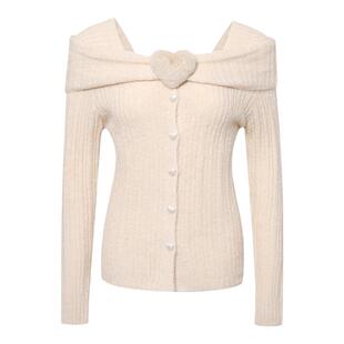 RECIT原创设计 立体毛绒爱心针织开衫女冬季一字肩修身毛衣外套