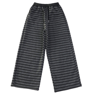 女童条纹加绒卫裤秋冬新款中大童休闲阔腿裤加厚保暖百搭直筒裤潮