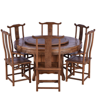 鸡翅木餐桌椅组合中式仿古全实木红木大圆桌餐厅饭桌家用圆形原木