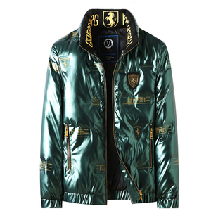 2025冬季男士立领亮面短款羽绒服奔马休闲潮流加厚白鸭绒保暖外套