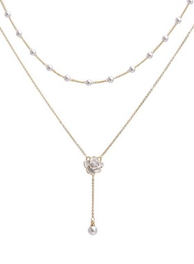 双层流苏珍珠项链女小众2025新款山茶花锁骨链轻奢级感气质脖颈链