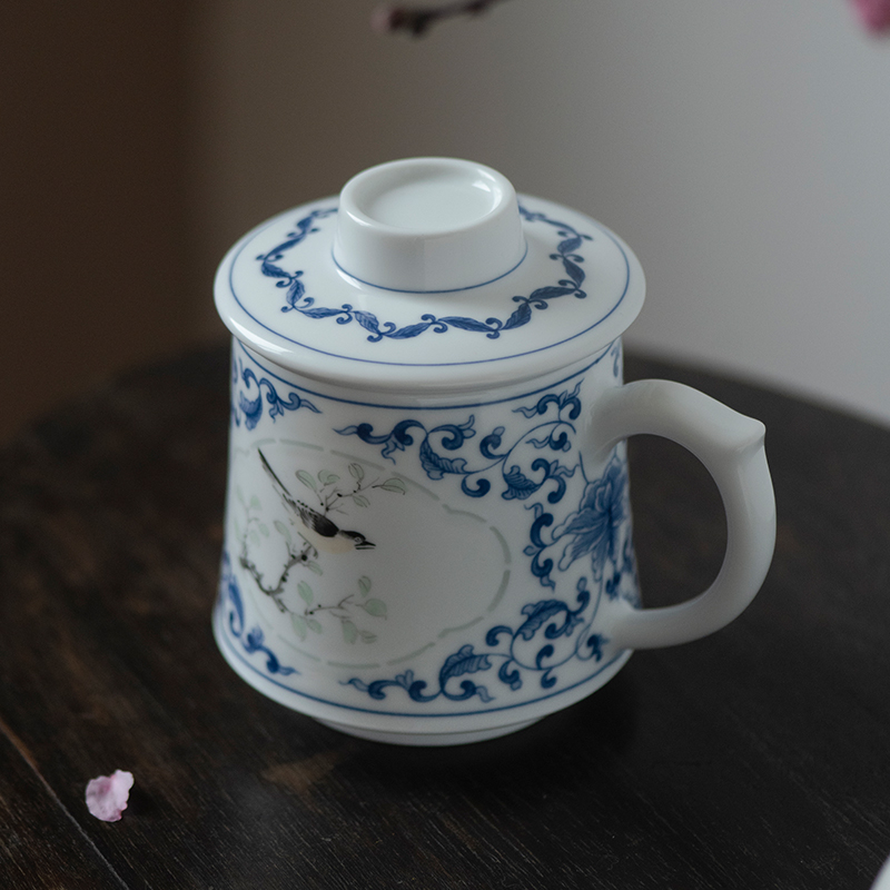 景德镇手工手绘茶杯茶水分离陶瓷中式青花玲珑瓷器泡茶杯带盖过滤