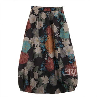 秋冬a字灯笼花苞碎花长裙女棉麻半身裙子中长款民族风大码亚麻