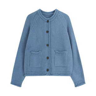 100%纯棉针织开衫女蓝色韩系圆领纽扣毛衣外套保暖上衣抗起球厚