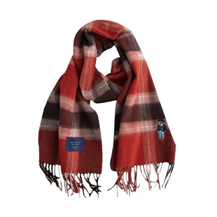 英国订小熊100%羊毛围巾复古英伦风男女情侣格子加厚冬季红色围脖