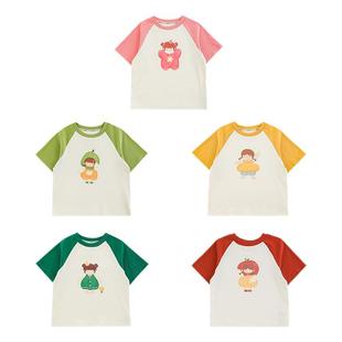 幼悠女童小女孩印花T恤夏季2025 儿童撞色罗纹领圈插肩袖宽松短袖