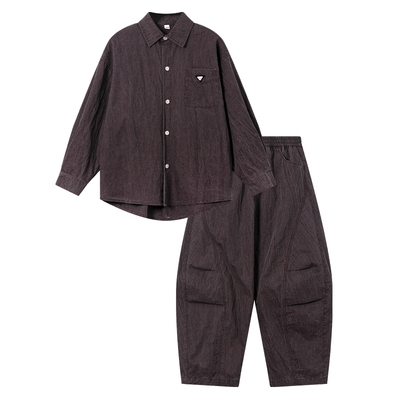 韩版做旧水洗宽松工装衬衫套装潮