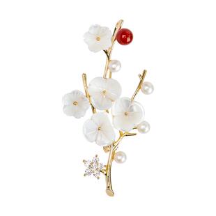 一生一石寒梅傲雪天然珍珠梅花胸针女高档精致送爱人胸花别针暗扣