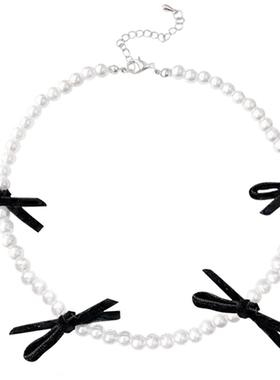 珍珠蝴蝶结choker项链女