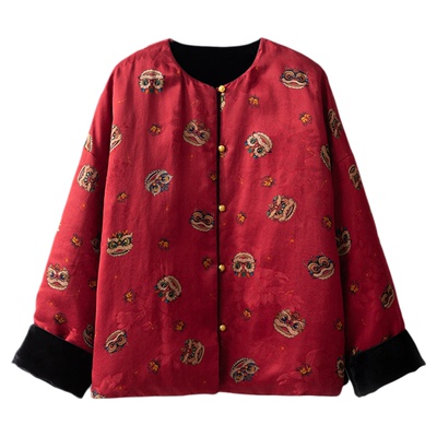 丝艺醒狮双面穿 真丝香云纱夹棉外套桑蚕丝丝绒盘扣国风开衫25冬