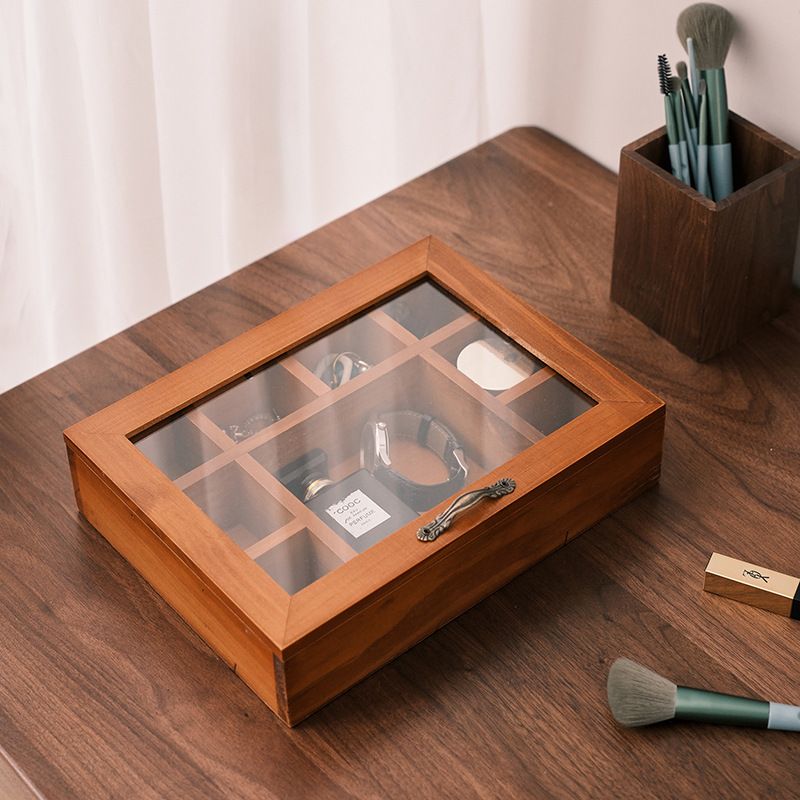 复古实木桌面首饰收纳盒文艺亚克力木盒展示架盖格子