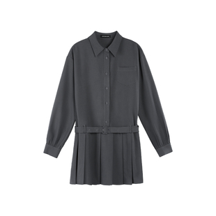 pusumede【现货5折】长袖衬衫连衣裙女宽松休闲短裙气质百褶裙