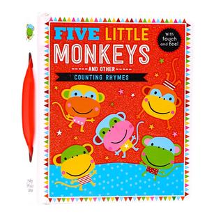 英文原版绘本五只小猴子和其他韵文计数童谣触摸纸板书 Five Little Monkeys 宝宝触摸玩具书0-1-2-3岁数学启蒙认知撕不烂纸板书