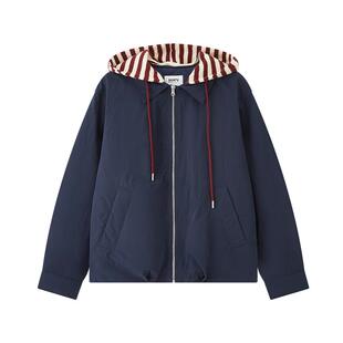 三福加厚外套2026新款春季可拆条纹帽内里夹棉宽松夹克女装515945