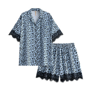 家乐芬睡衣女夏季夏款短袖短裤莫代尔蕾丝花边轻奢豹纹家居服薄款