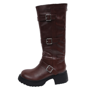 美拉德风靴子女夏款小个子厚底棕色长筒靴2025新款显瘦高筒骑士靴