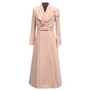 浒城古娘新款气质收腰V领粉色长袖新中式国风战袍连衣裙女款春秋