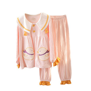 苞米布衣女童睡衣套装中大童长袖春秋公主风开身提花女童家居服