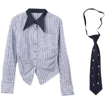 西町村屋撞色领带学院风收腰衬衣