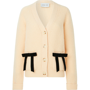 【折扣】Ming Ma 秋冬女士蝴蝶结缀饰针织浅黄色开襟衫